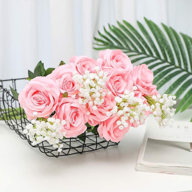 JUSTOYOU 10Pcs Artificial Roses Flowers for Valentine's Day, Realistic Blossom Roses, Real Touch Silk Rose, Single Fake Flower Long Stem Bouquets for Home Wedding Party Decoration (10Pcs, Pink) - Image 2